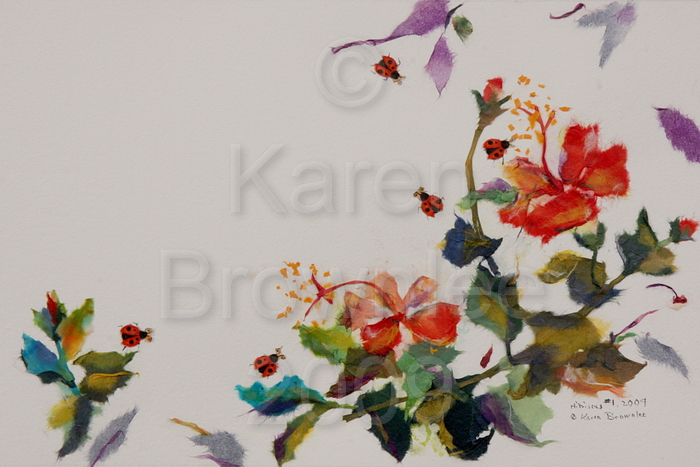 Hibiscus #1, 2009.  Chigiri-e, Fabric, and Watercolour. 