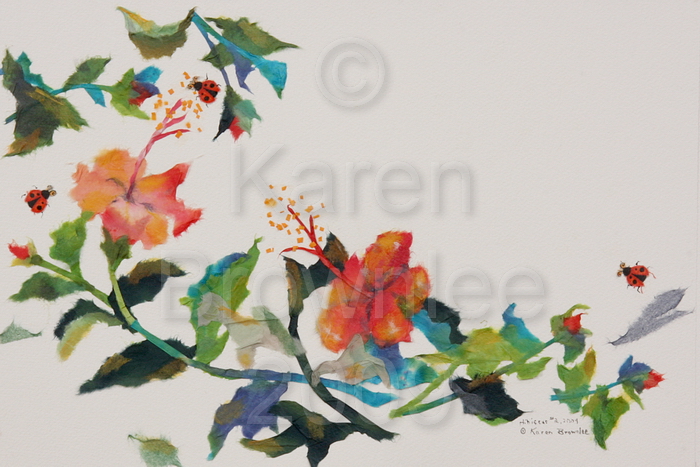 Hibiscus #2, 2009.  Chigiri-e, Fabric, and Watercolour. 