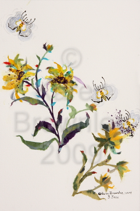 Three Bees, 2009.  Chigiri-e, Fabric, and Watercolour.